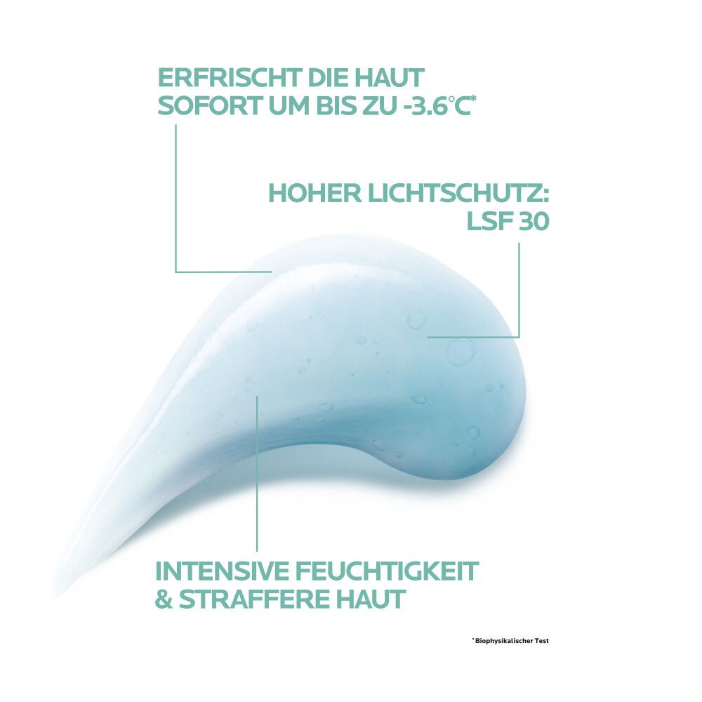 Gel blu. Testo: Alta protezione solare SPF 30, idratazione intensa e pelle più tonica.