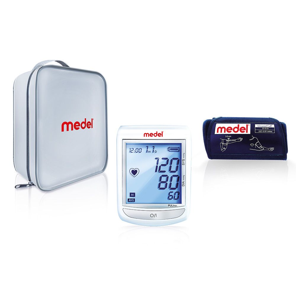Misuratore di pressione, bracciale e borsa. Marchio Medel. Bracciale blu, borsa bianca.