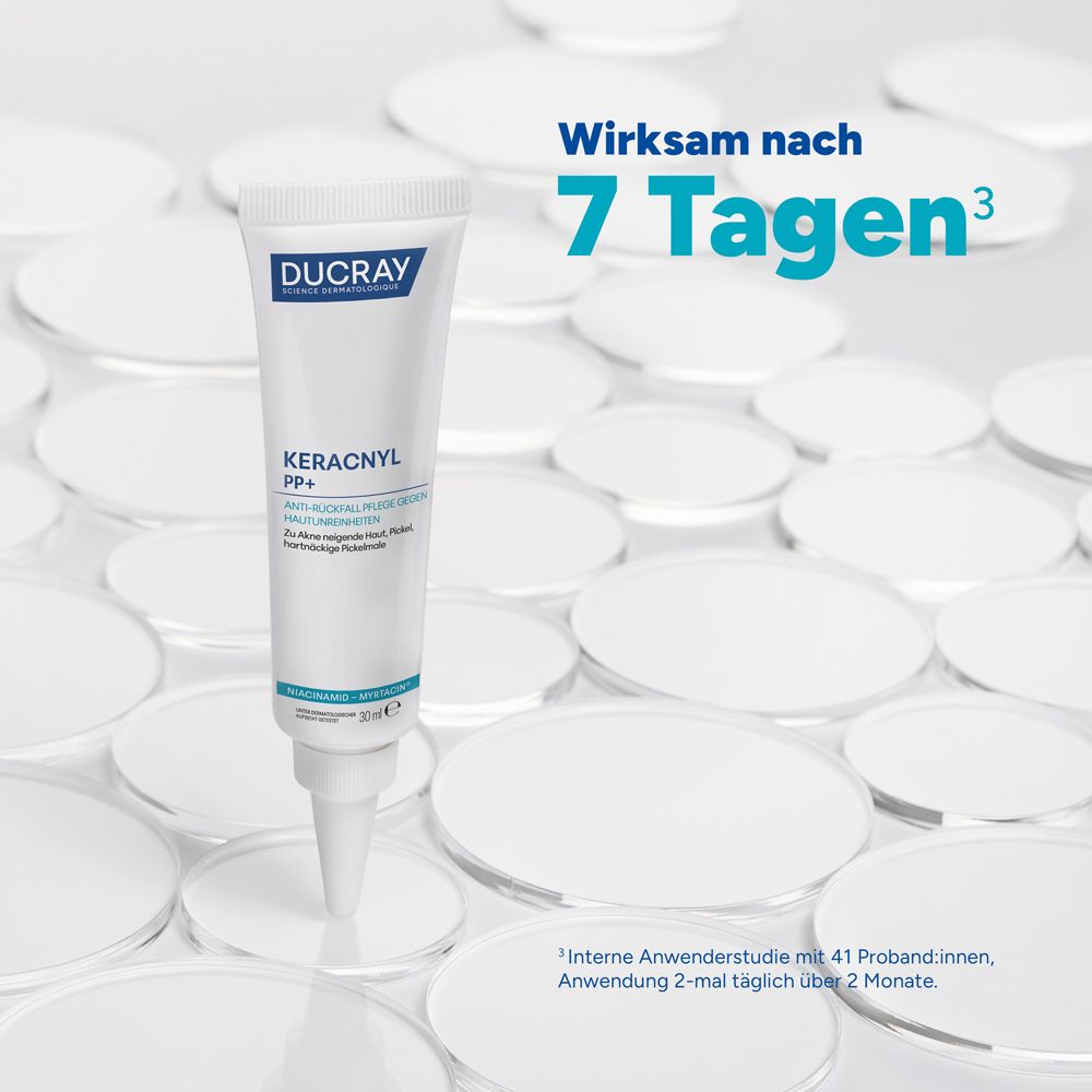 Prodotto su cerchi bianchi. Testo: Efficace dopo 7 giorni. Marca: DUCRAY. Prodotto: KERACNYL PP+ Crema.