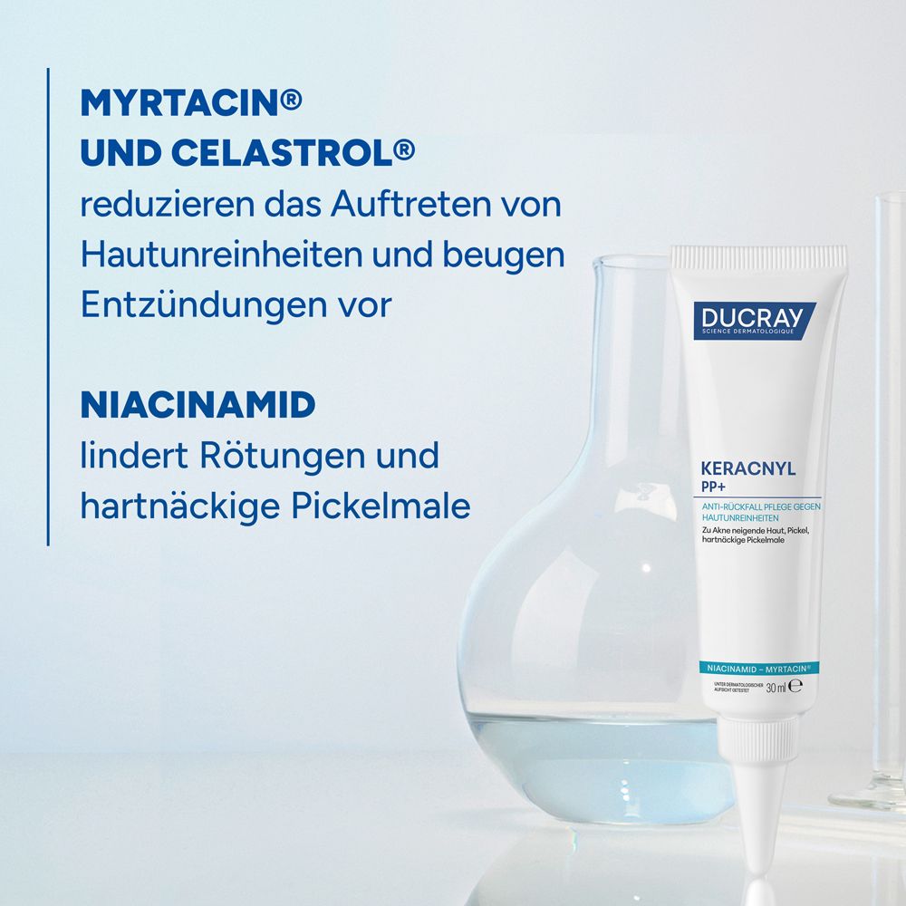 Testo: MYRTACIN e CELASTROL riducono le imperfezioni. NIACINAMIDE lenisce i rossori. Prodotto: KERACNYL PP+ Crema.