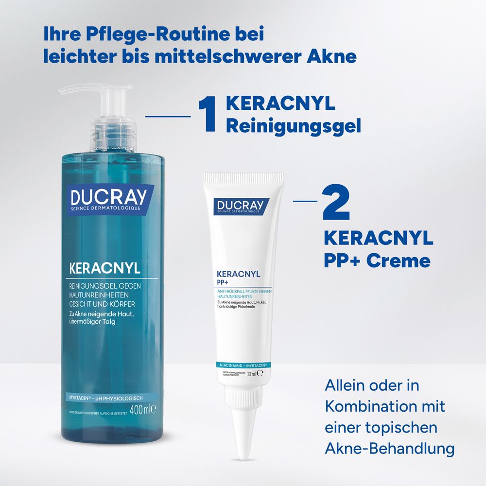 Due prodotti. Sinistra: Gel detergente KERACNYL. Destra: Crema KERACNYL PP+. Testo: La tua routine per acne da lieve a moderata.