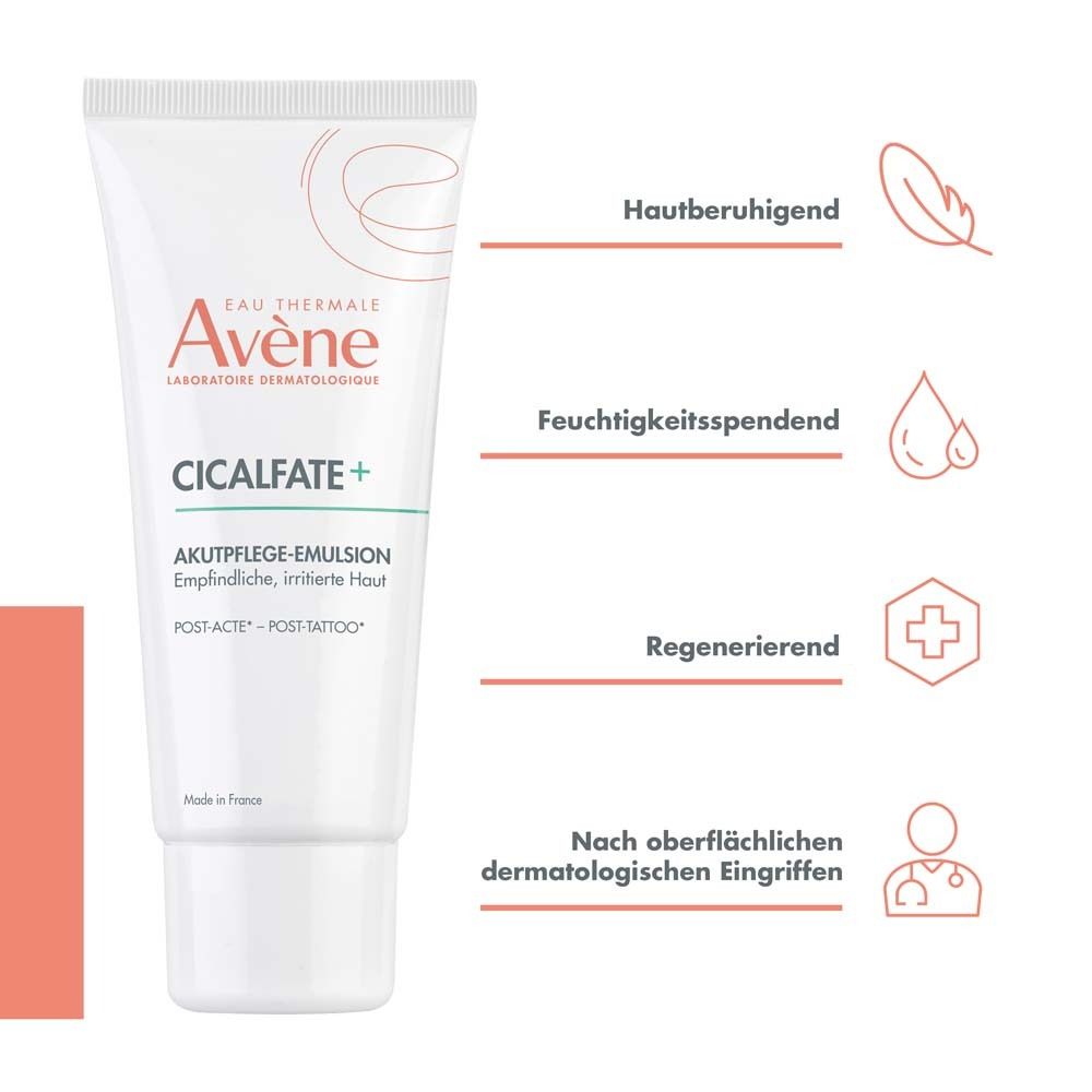 Tubo bianco Avène Cicalfate+ Akutpflege-Emulsion. Testo: Pelle sensibile, irritata. Post-Acte - Post-Tattoo. Lenitivo, idratante, rigenerante.