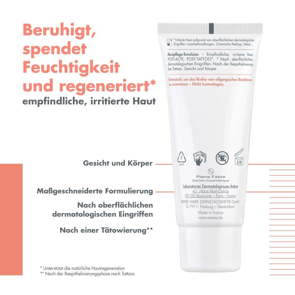 Retro del tubo Avène Cicalfate+ Akutpflege-Emulsion. Testo: Viso e corpo. Dopo interventi dermatologici. Dopo un tatuaggio.