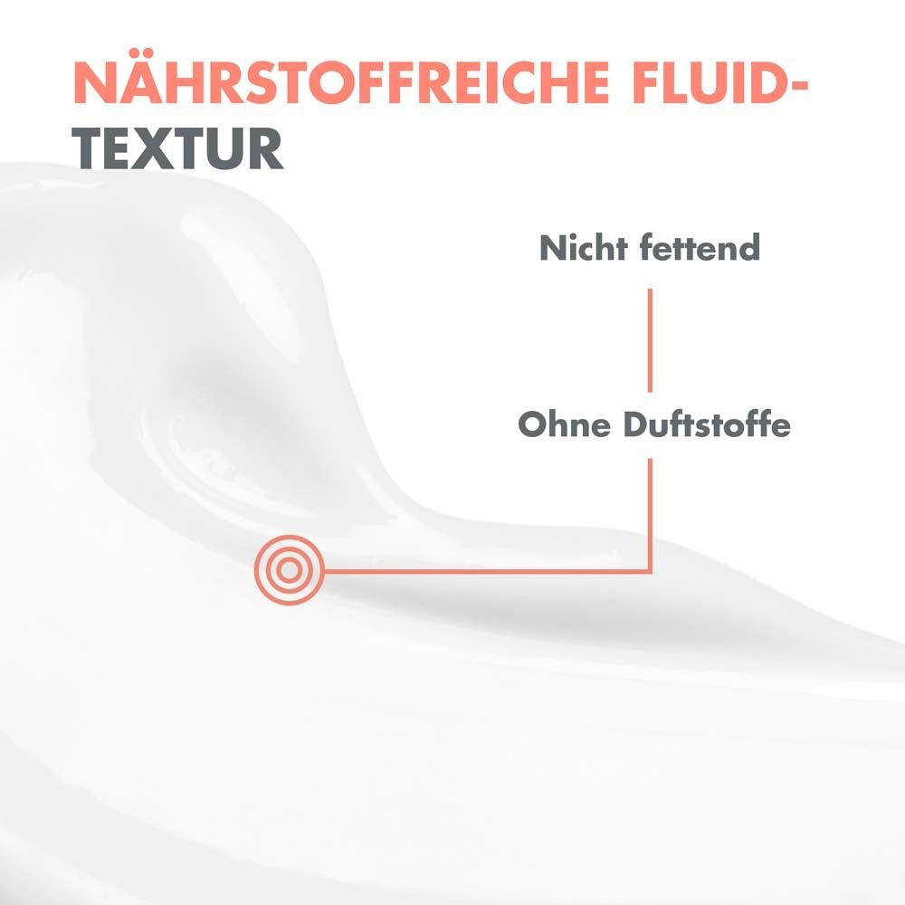 Primo piano della crema. Testo: Texture fluida ricca di nutrienti. Non grassa. Senza profumo.