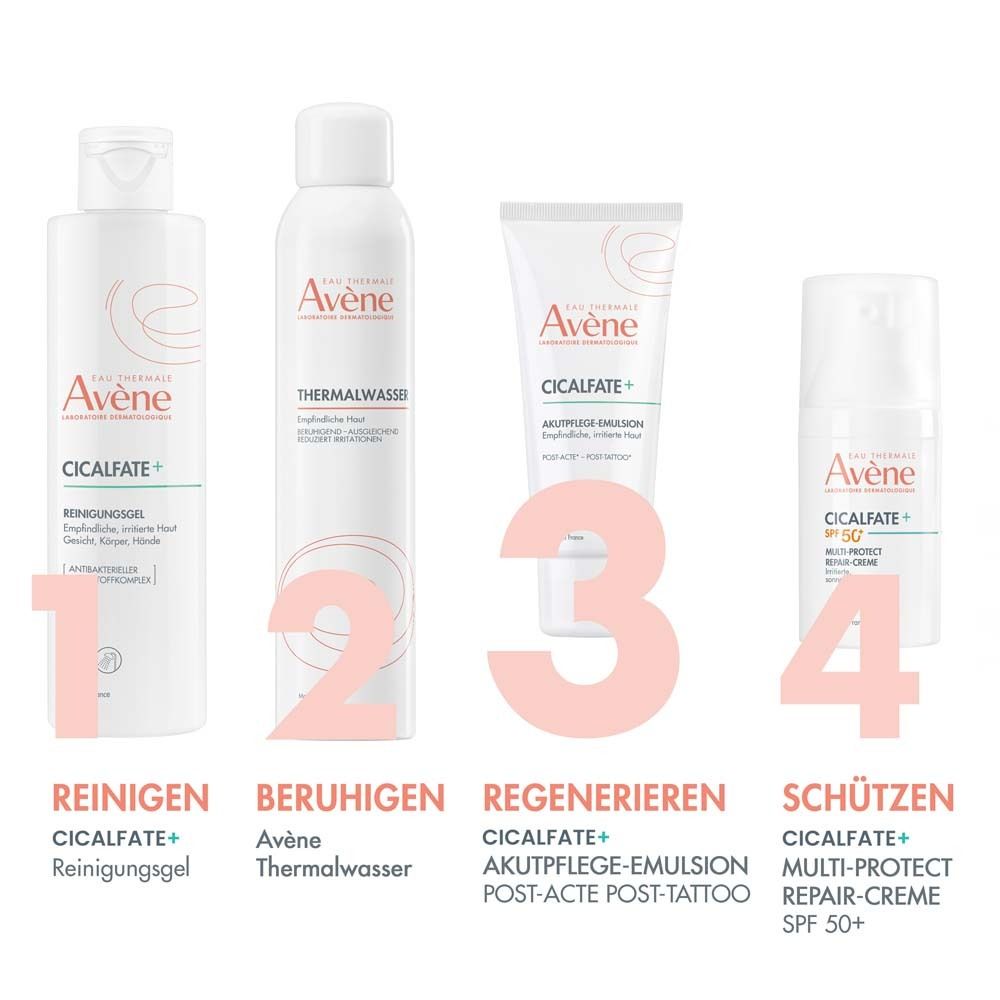 Quattro prodotti: 1. Cicalfate+ Gel detergente. 2. Acqua termale Avène. 3. Cicalfate+ Akutpflege-Emulsion. 4. Cicalfate+ Multi-Protect Crema riparatrice SPF 50+.