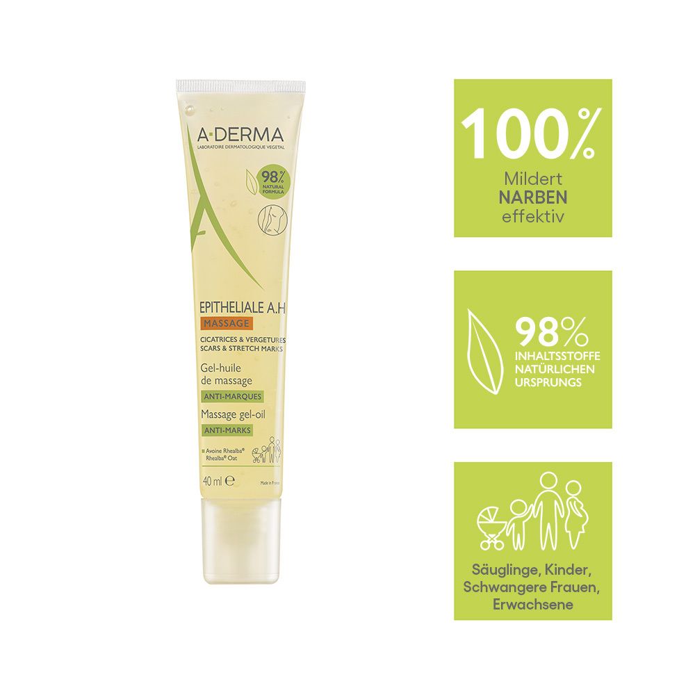 Tubo A-Derma Epitheliale AH Gel-olio da massaggio, 40ml. Attenua efficacement le cicatrici. 98% ingredienti di origine naturale.