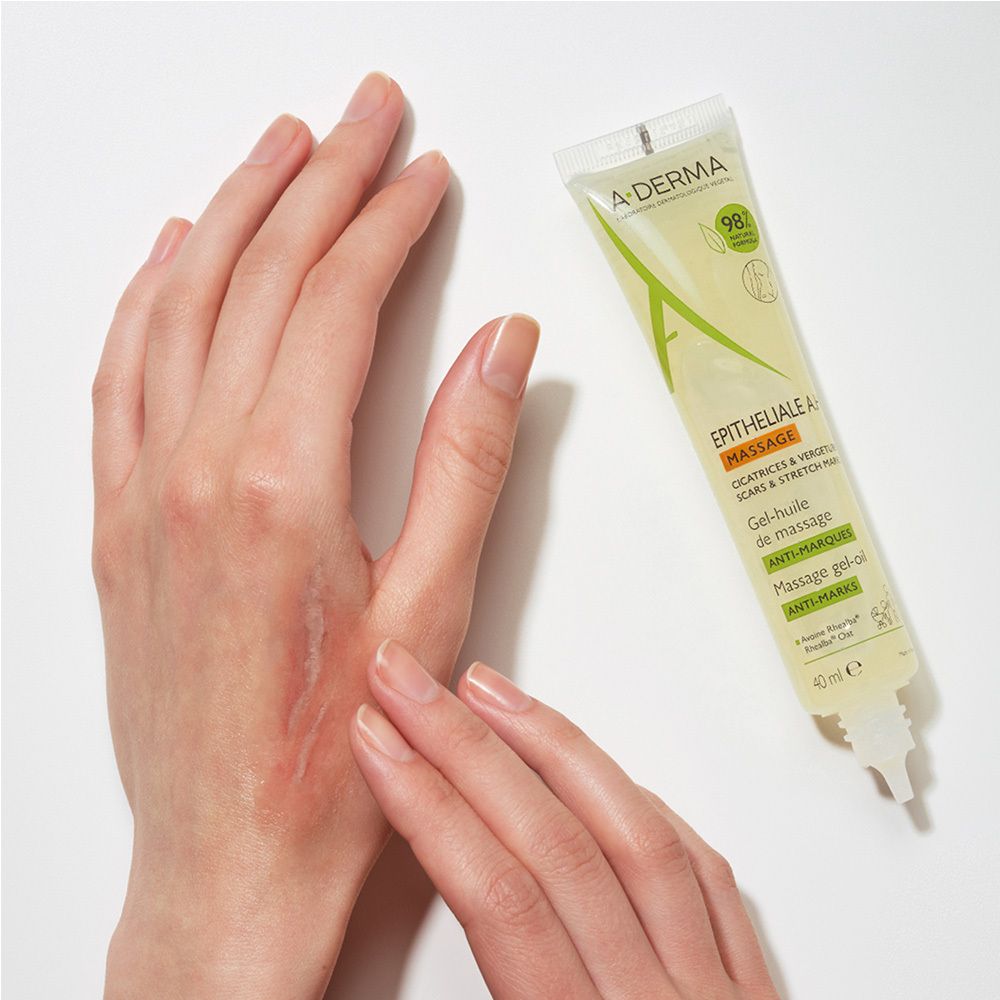 Tubo di Gel-Olio Massaggio A-Derma Epitheliale, 98% ingredienti di origine naturale, per cicatrici e smagliature.