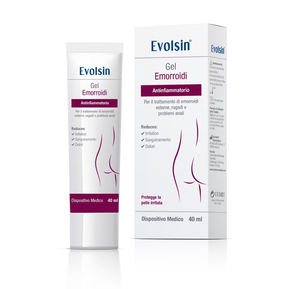Tubo e scatola di gel Evolsin® Emorroidi. Scritta: Gel Emorroidi. 40 ml. Dispositivo medico.