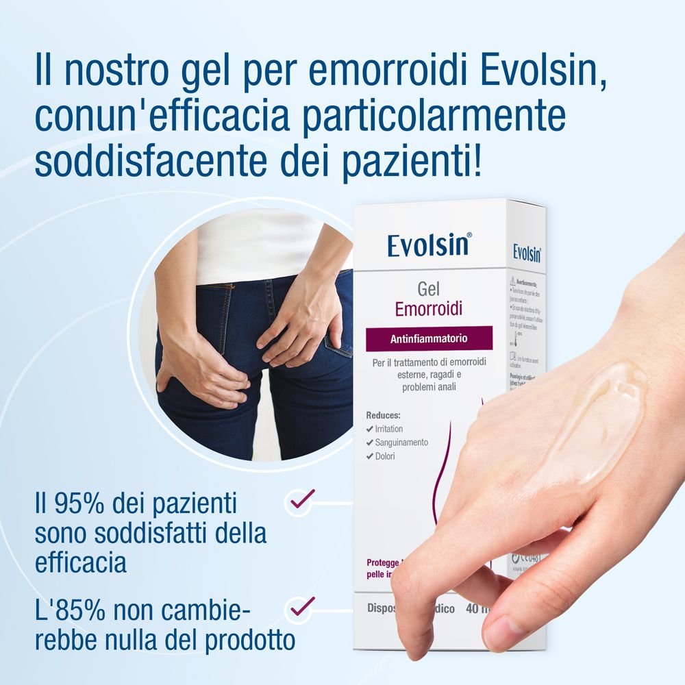 Tubo e scatola di gel Evolsin® Emorroidi. Riduce irritazioni, dolori, prurito.