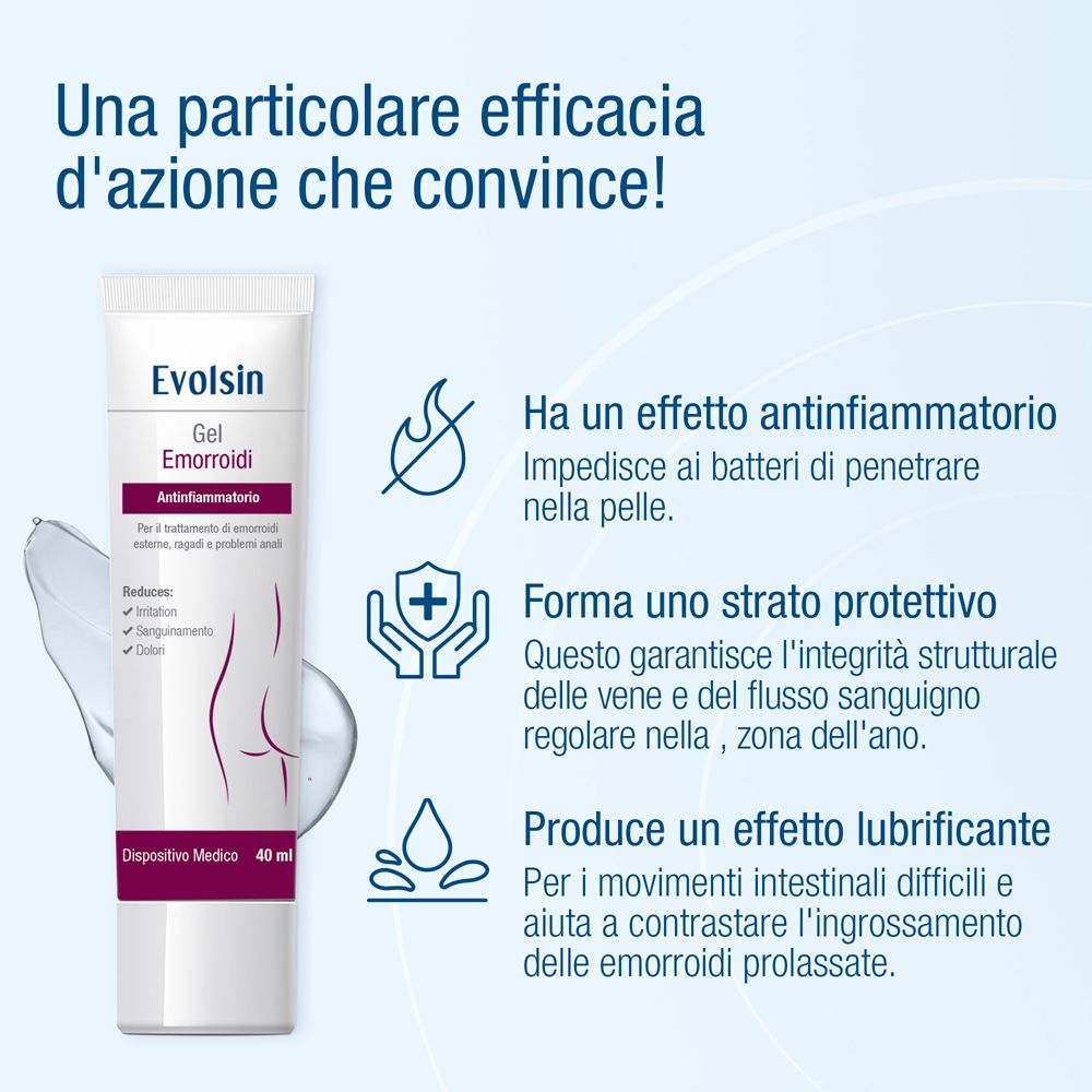 Persona tiene un tubo di gel. Scritta: Evolsin® Gel Emorroidi. 95% dei pazienti soddisfatti.