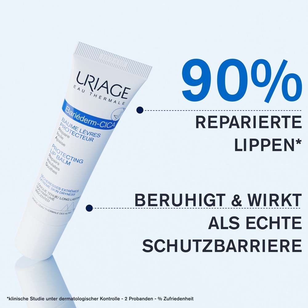 Tubo di balsamo labbra con testo. Loghi URIAGE e BARIÉDERM-CICA. Testo: 90% labbra riparate. Lenisce e protegge.