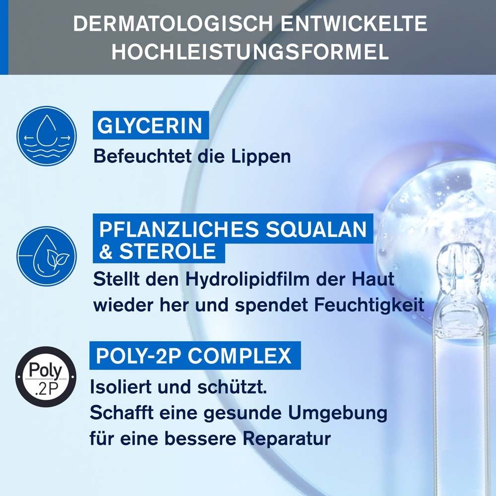 Grafico con ingredienti. Glicerina, squalano vegetale e steroli, complesso Poly-2P. Testo: Formula sviluppata dermatologicamente.