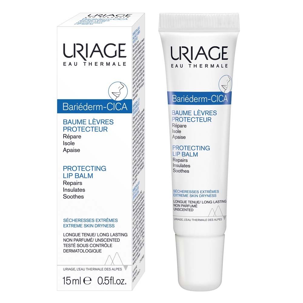 Tubo di balsamo labbra e confezione. Loghi URIAGE e BARIÉDERM-CICA. Testo: Protecting Lip Balm. 15ml.