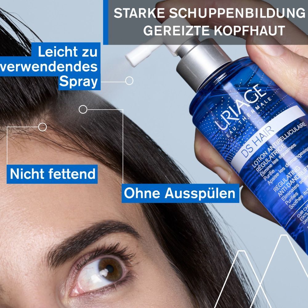 Flacone Uriage DS Hair Lotion con applicatore spray, per il cuoio capelluto.