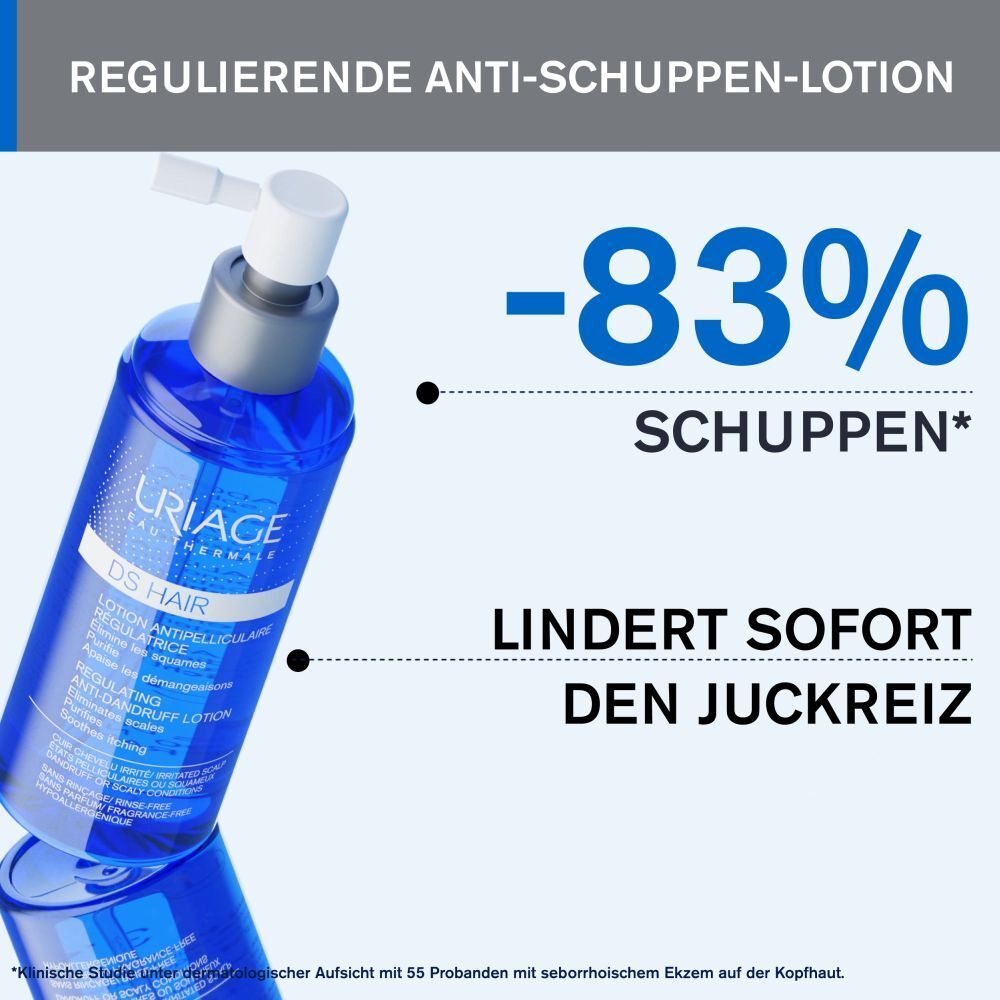 Flacone blu Uriage DS Hair lozione antiforfora regolatrice con erogatore bianco.
