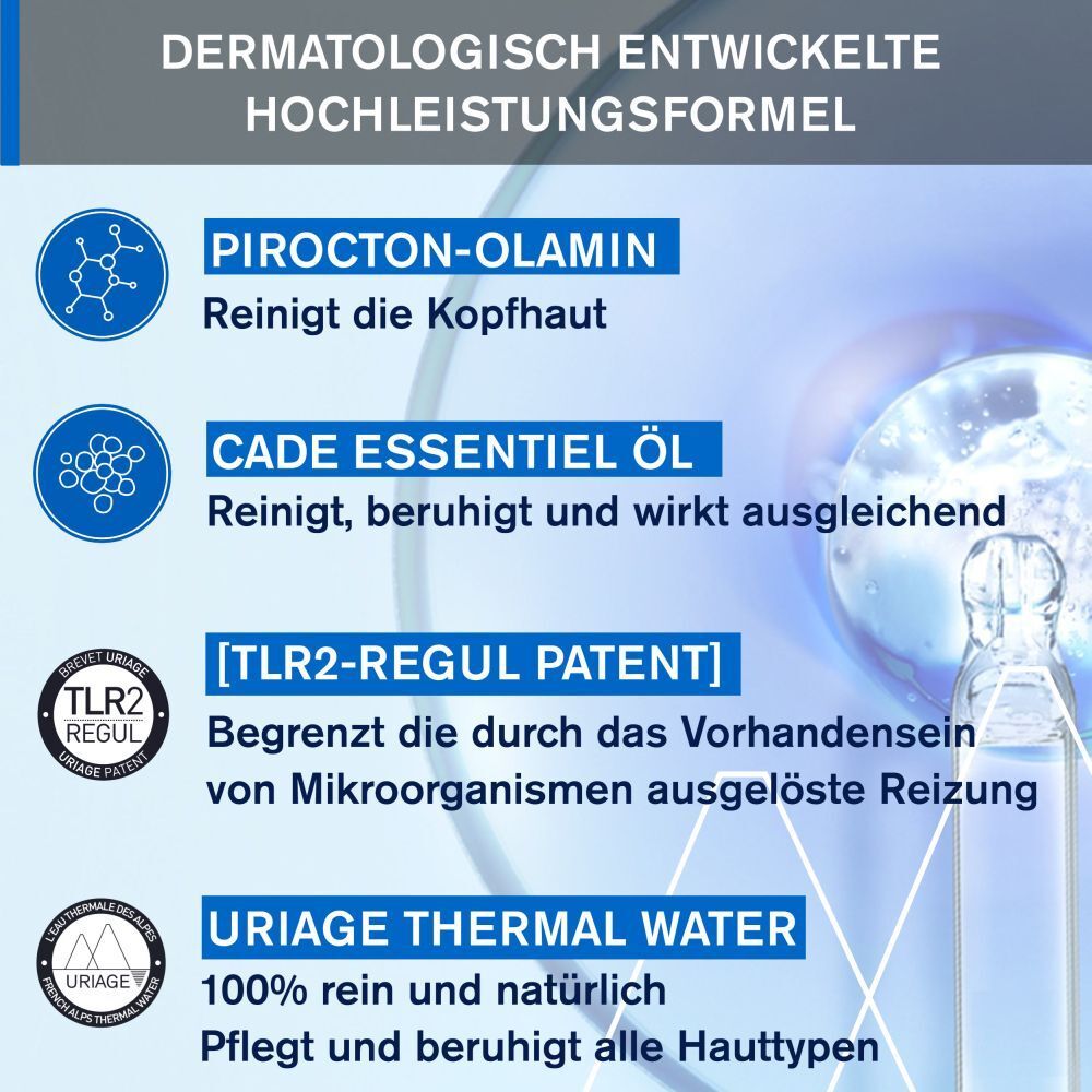 Formula ad alte prestazioni sviluppata dermatologicamente con Piroctone Olamina, Olio Essenziale di Cade, Brevetto TLR2-Regul e Acqua Termale di Uriage.