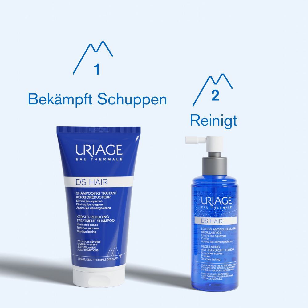 Due prodotti Uriage DS Hair: uno shampoo e una lozione antiforfora.