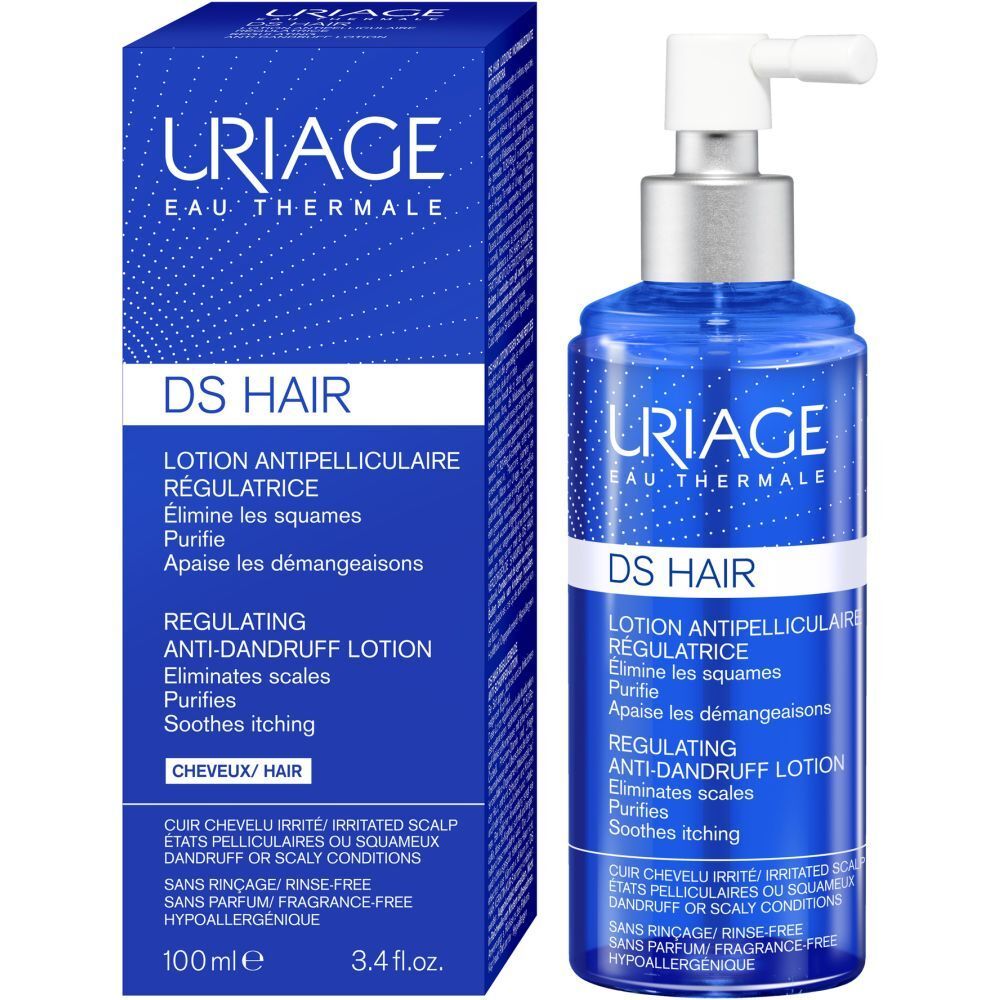 Lozione Uriage DS Hair anti-forfora regolatrice in flacone blu con erogatore a pompa e scatola pieghevole.