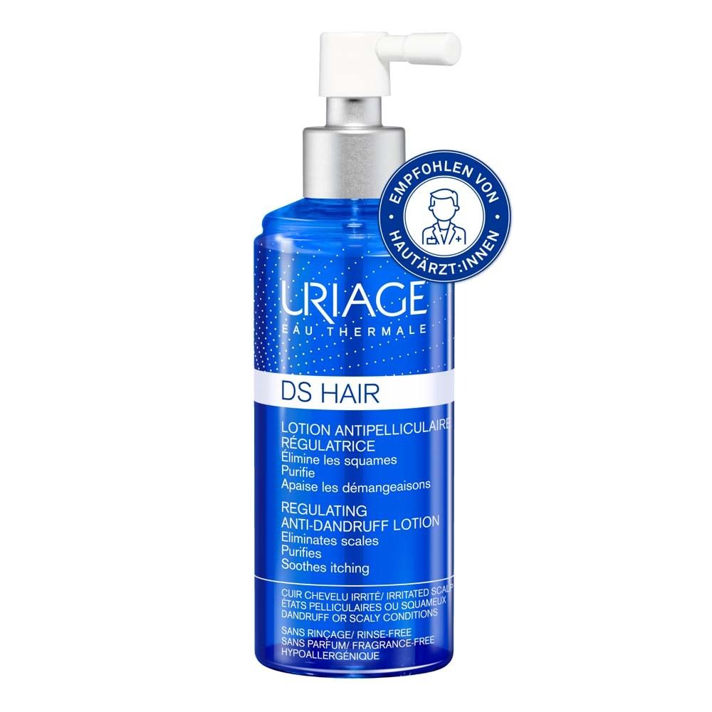 Flacone blu Uriage DS Hair Lozione Regolatrice Anti-forfora. Consigliato dai dermatologi.