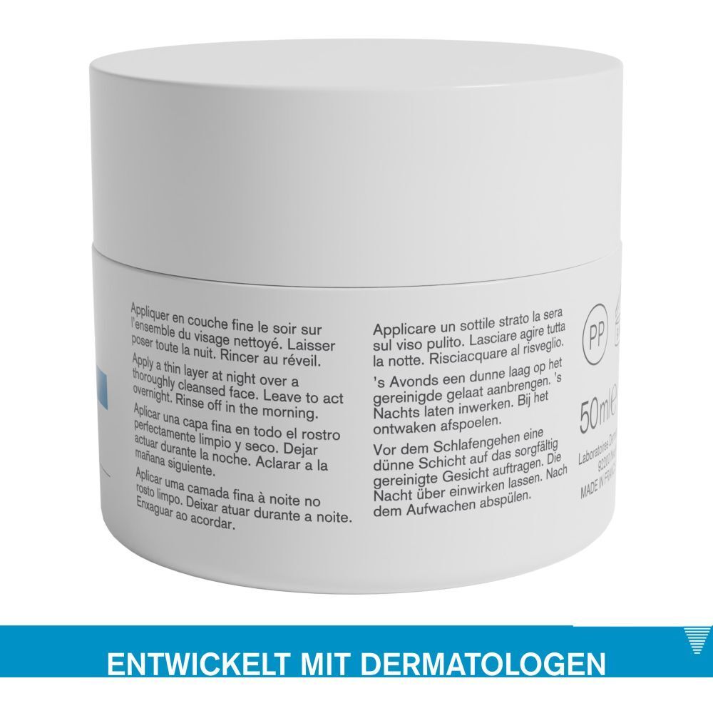 Retro del vasetto bianco. Testo in più lingue. Scritta: 50ml.