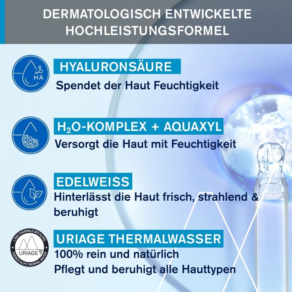 Grafico con ingredienti: Acido ialuronico, Complesso H2O + Aquaxyl, Stella alpina, Acqua termale Uriage.