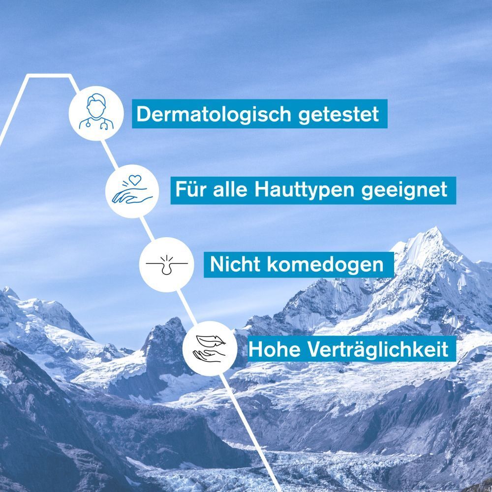 Grafico con testo: Dermatologicamente testato, Adatto a tutti i tipi di pelle, Non comedogeno, Alta tollerabilità.