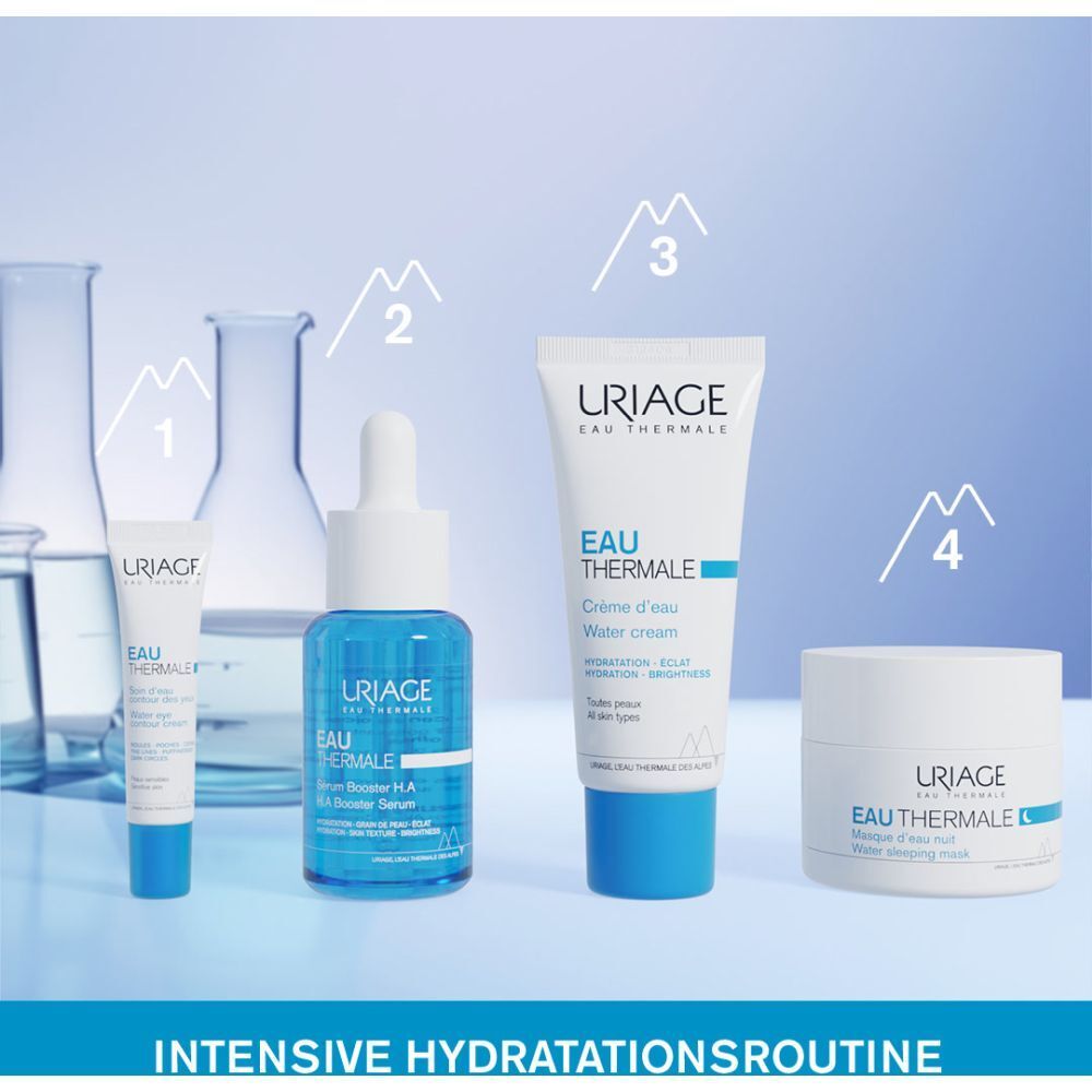 Quattro prodotti: Siero, Siero Booster, Crema, Maschera. Testo: Routine di idratazione intensiva.