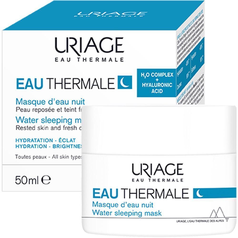 Confezione del prodotto e vasetto. Scritta: 50ml, Eau Thermale, Masque d'eau nuit, Water sleeping mask.