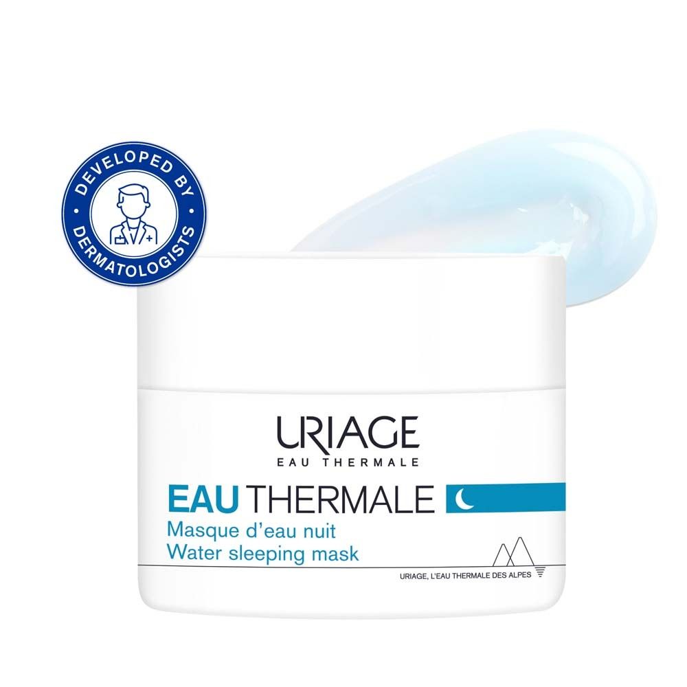 Vasetto bianco con gel blu. Scritta: URIAGE, Eau Thermale, Masque d'eau nuit, Water sleeping mask.