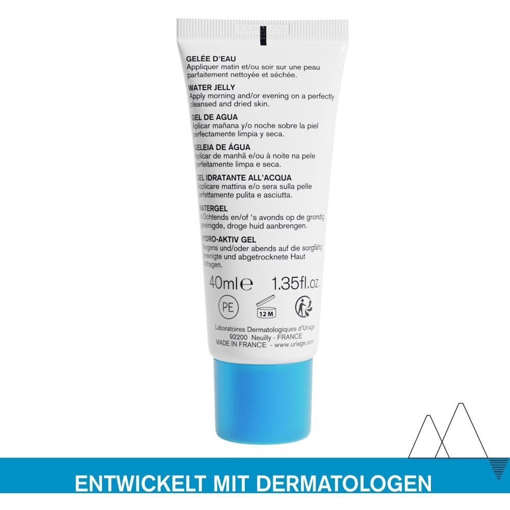Retro del tubo. Testo multilingue. Scritta: 40ml, Water jelly, Hydro-Aktiv Gel.