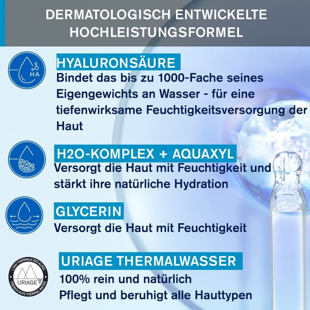 Testo con ingredienti ed effetti. Acido ialuronico, complesso H2O, glicerina, acqua termale Uriage.