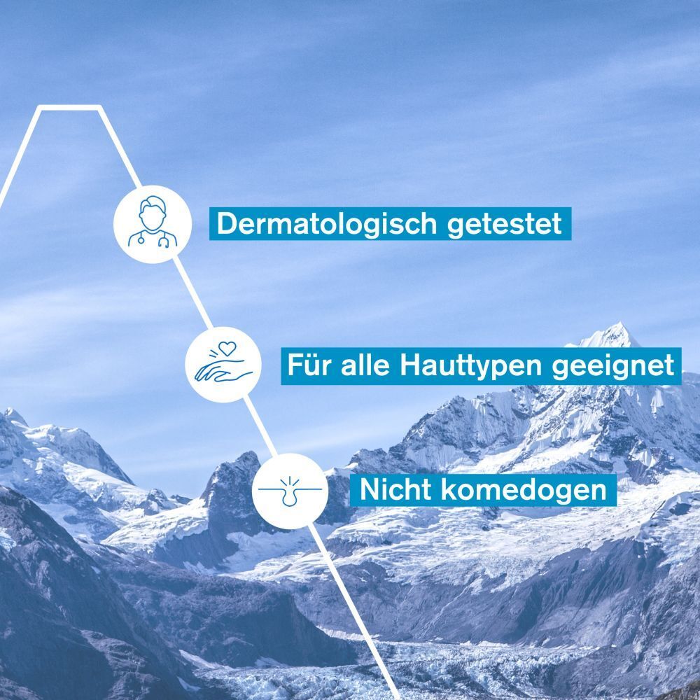 Testo con icone. Dermatologicamente testato, adatto a tutti i tipi di pelle, non comedogenico.