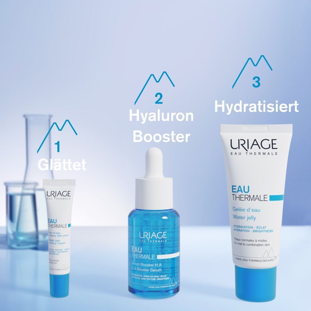 Tre prodotti affiancati. Tubo, siero, tubo. Testo: Leviga, Booster Ialuronico, Idrata.