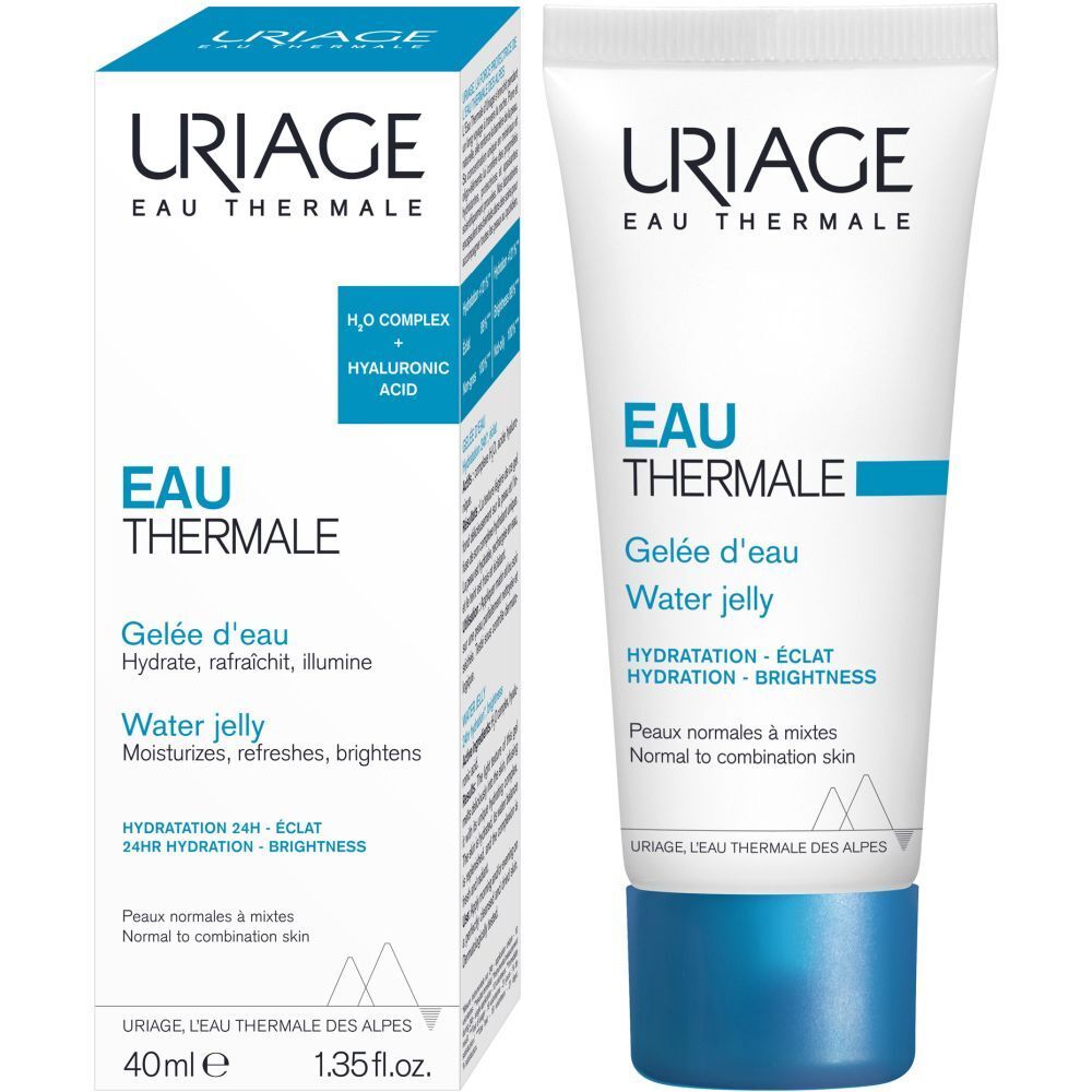 Prodotto con confezione. Tubo e scatola. Scritta: Eau Thermale, Water jelly, 40ml.