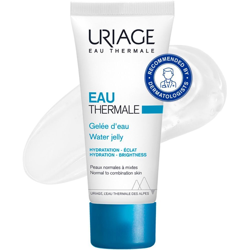 Tubo con testo e sigillo: Raccomandato dai dermatologi. Scritta: Eau Thermale, Water jelly.