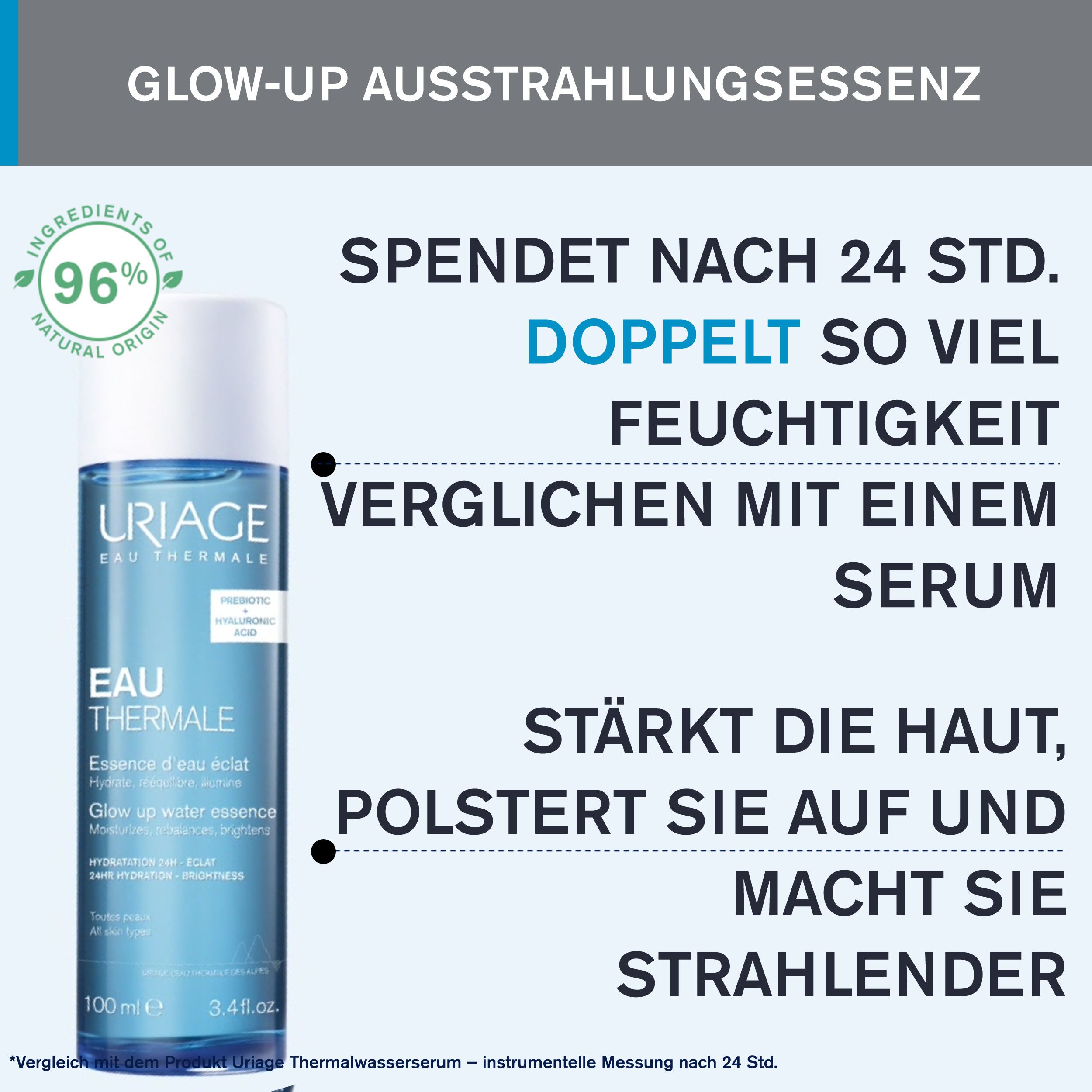Uriage Eau Thermale Essence d'éclat. Testo: Idrata il doppio. Rinforza la pelle e la rende più luminosa.