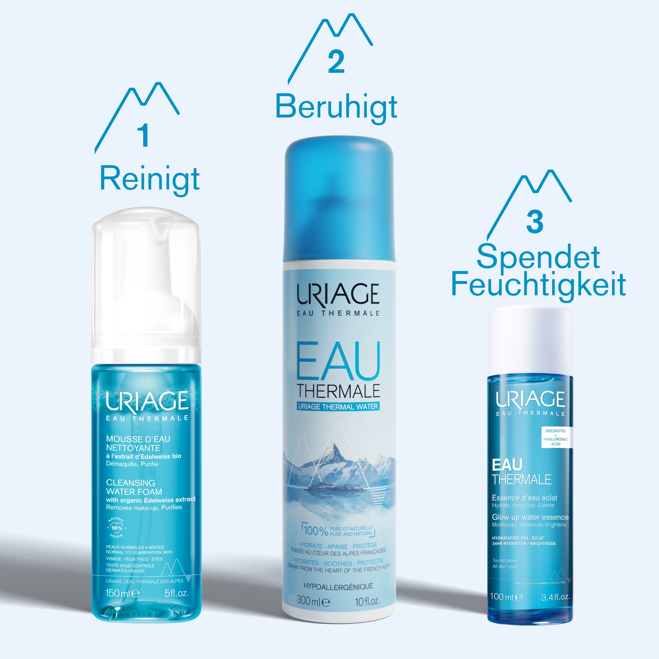 Tre prodotti Uriage: Mousse detergente, acqua termale, essenza d'éclat. Flaconi blu e bianchi.