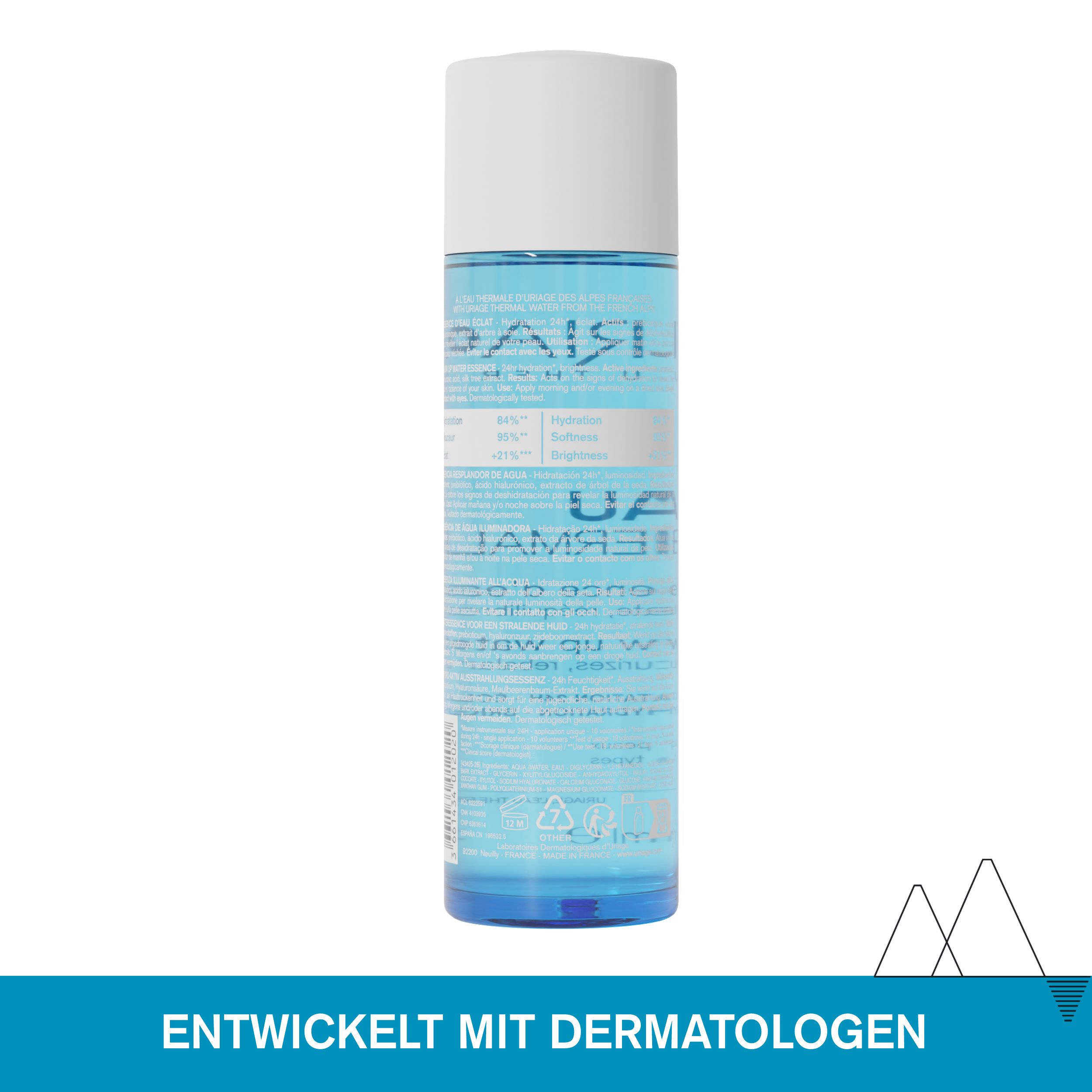Retro dell'essenza d'éclat Uriage Eau Thermale. Testo: Sviluppato con dermatologi.