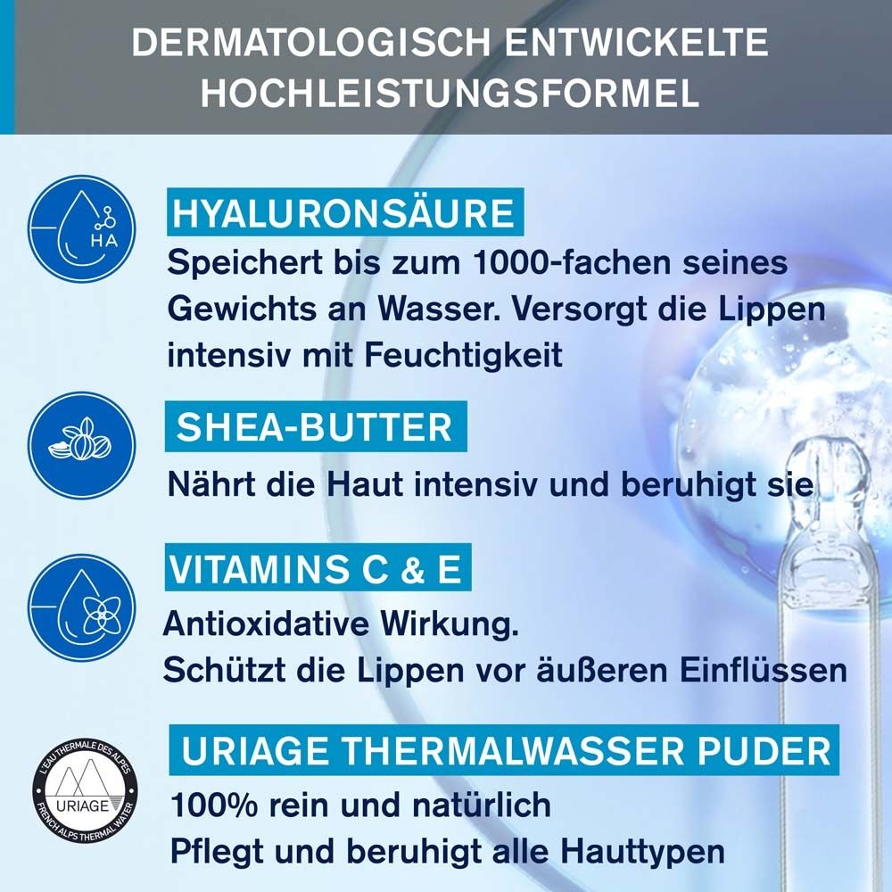 Ingredienti dello stick labbra. Acido ialuronico, burro di karité, vitamine C ed E, acqua termale Uriage.
