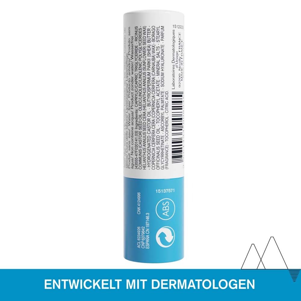 Retro dello stick labbra. Testo: 'Sviluppato con dermatologi'. Ingredienti e produttore.