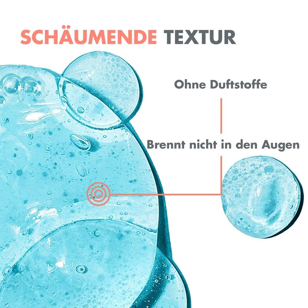 Primo piano di gel blu. Testo: Texture schiumosa, senza profumo, non brucia gli occhi.