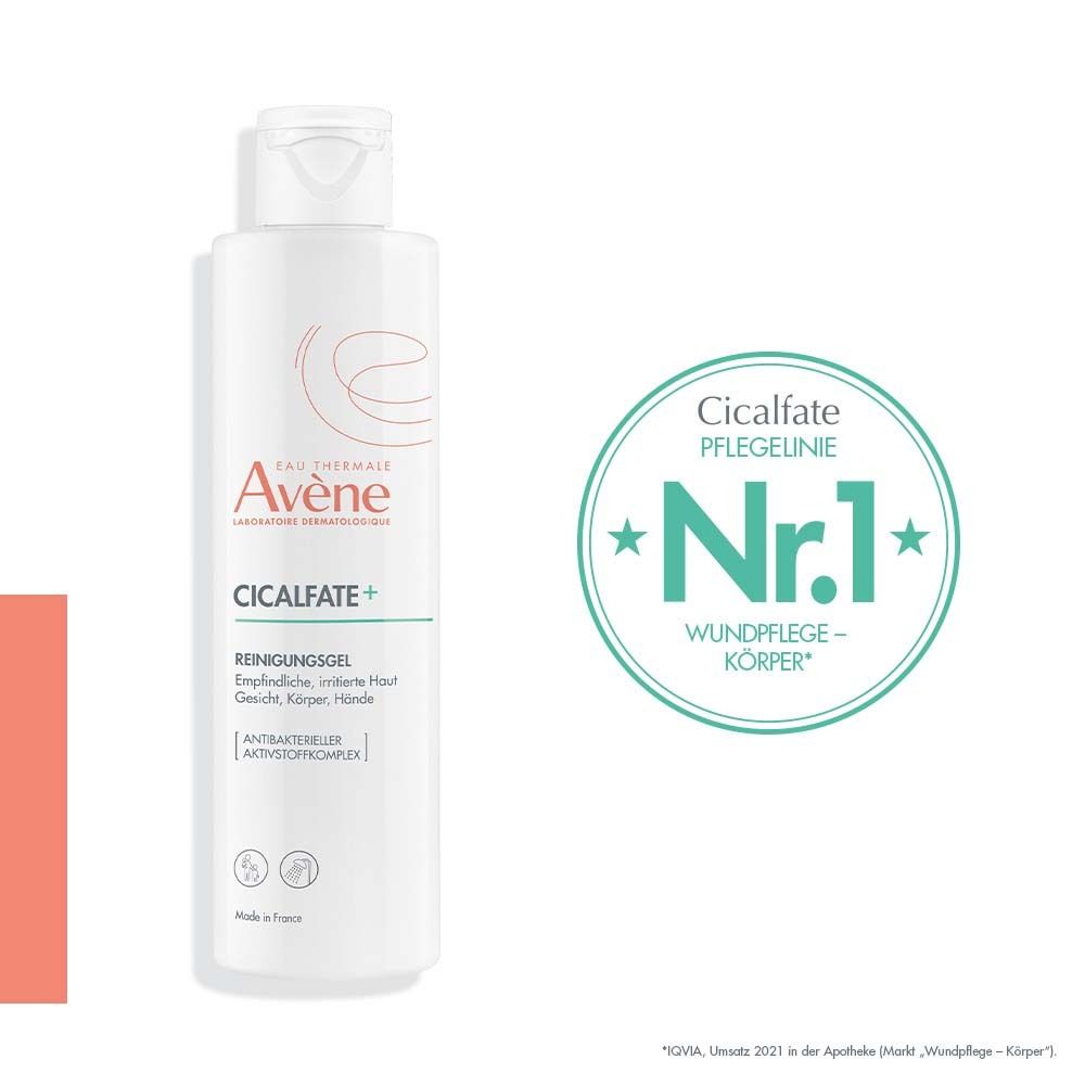 Flacone con testo ed etichetta. Testo: Avène, CICALFATE+ Gel detergente. Etichetta: N.1 Cura delle ferite - corpo.