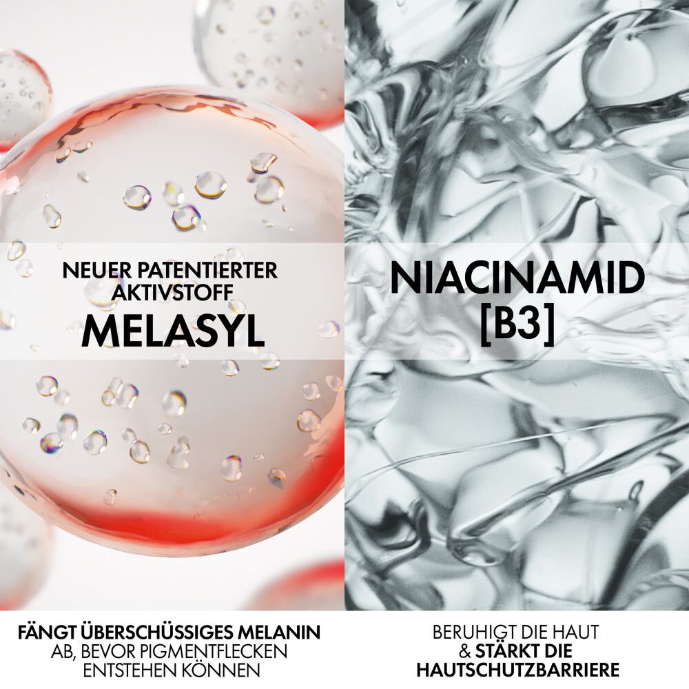 Grafico mostra Melasyl che cattura la melanina e Niacinamide B3 che lenisce la pelle.
