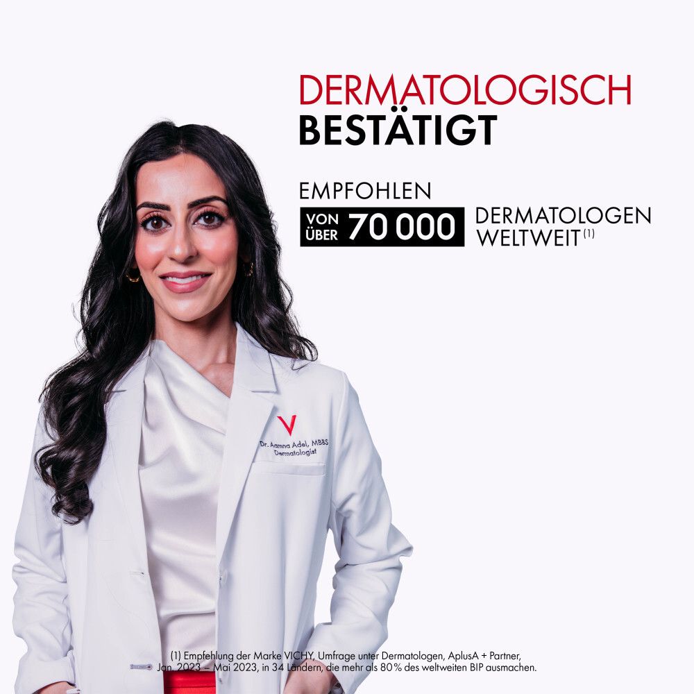 Dottoressa in camice bianco, sorridente. Testo: Dermatologicamente testato, raccomandato da oltre 70.000 dermatologi.