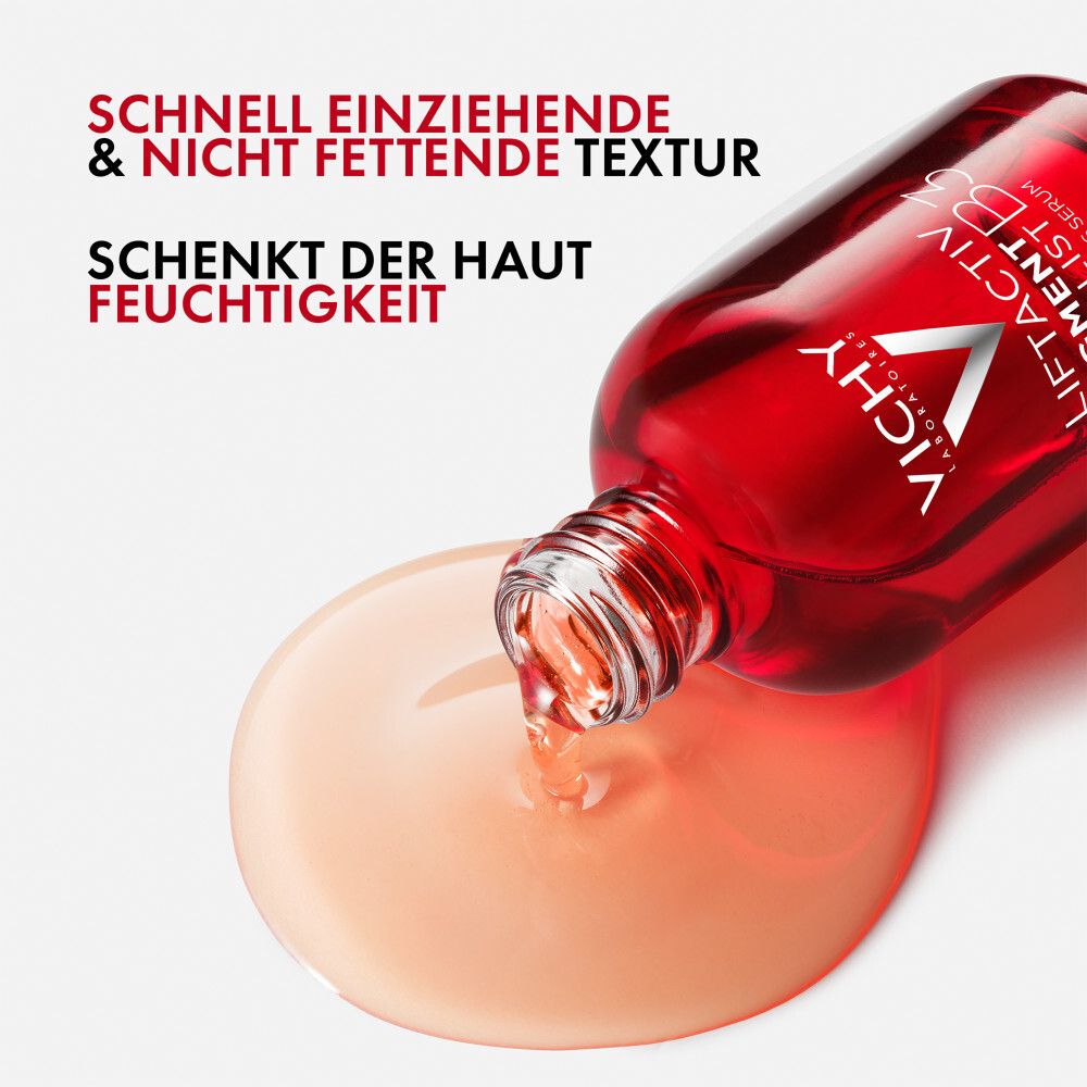 Il siero Vichy Liftactiv B3 cola dal flacone su una superficie liscia.
