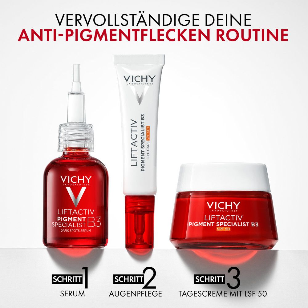 Siero, contorno occhi e crema giorno Vichy Liftactiv B3 uno accanto all'altro. Fase 1, 2, 3.