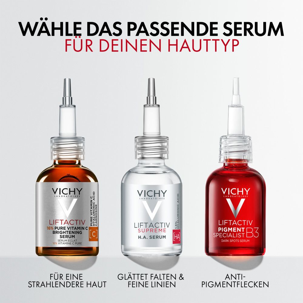 Tre sieri Vichy Liftactiv uno accanto all'altro: Vitamina C, Siero H.A., Pigment Specialist B3.
