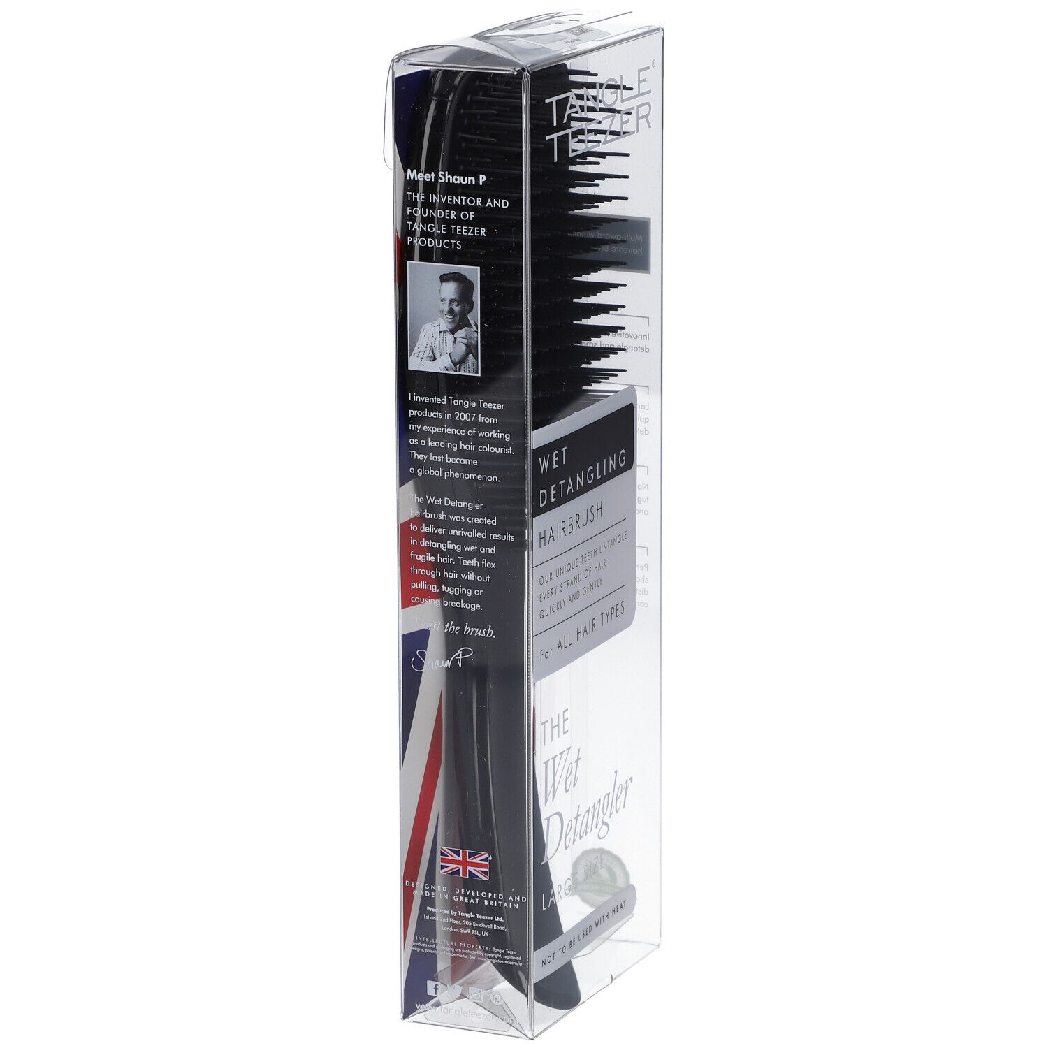 Retro della spazzola districante Wet Detangler Tangle Teezer nera, confezione Union Jack con informazioni prodotto.