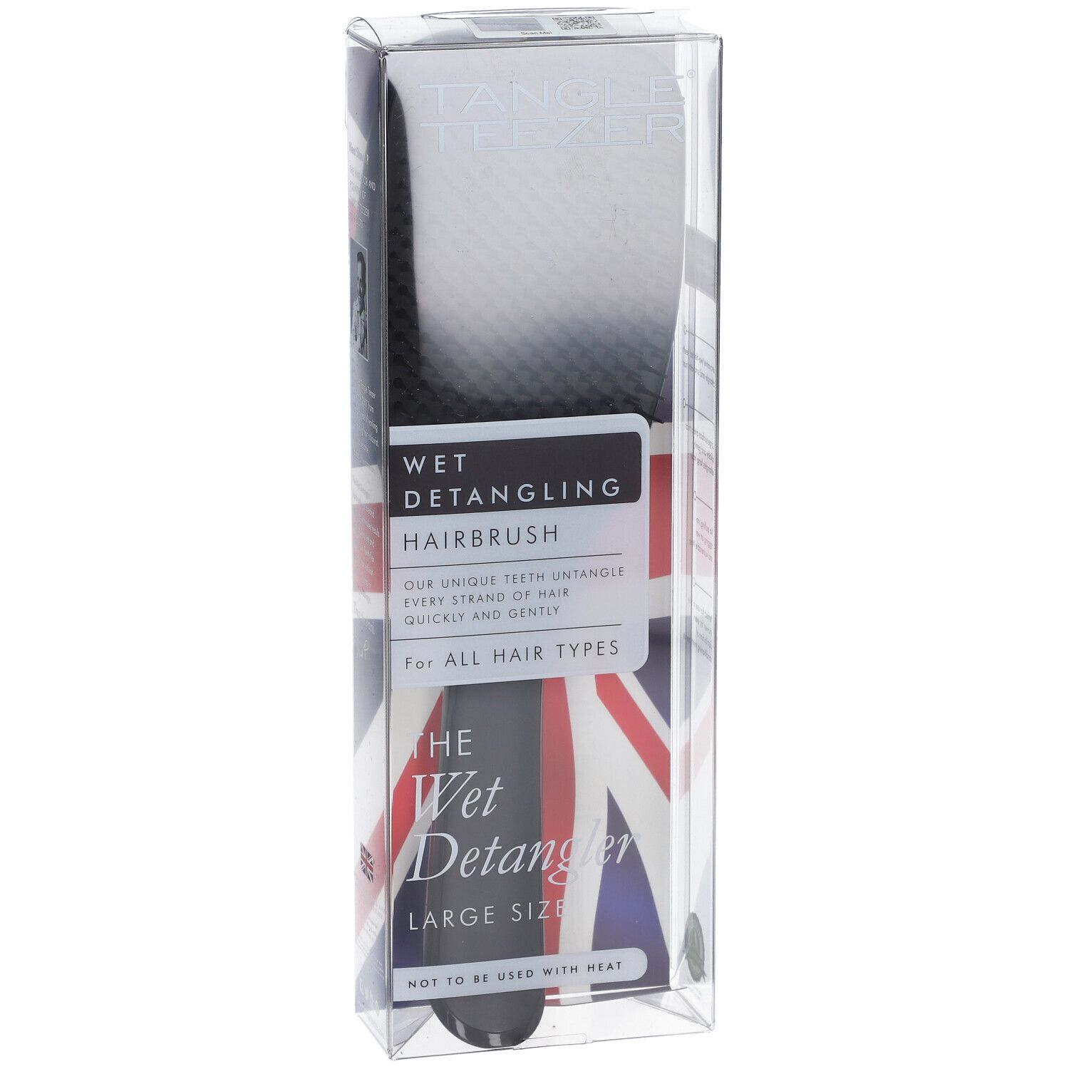 Fronte della spazzola districante Wet Detangler Tangle Teezer nera, taglia grande, confezione Union Jack.