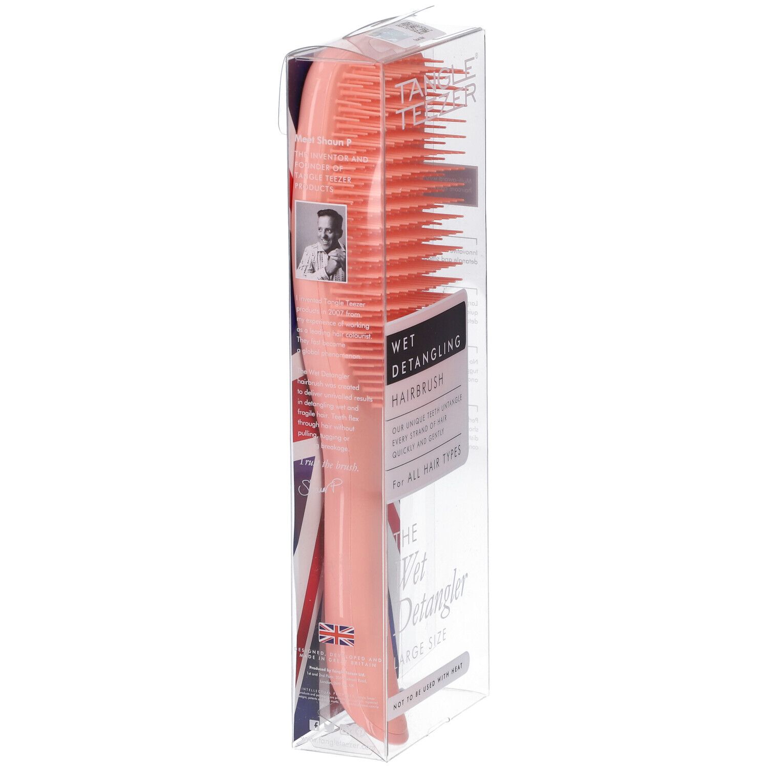 Spazzola districante Tangle Teezer Wet Detangling corallo, taglia Large, vista laterale in confezione trasparente.